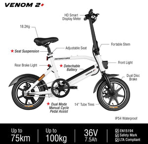 Venom 2 Plus Ebike Power Assisted Bicycle (PAB) LTA Approve with orange seal