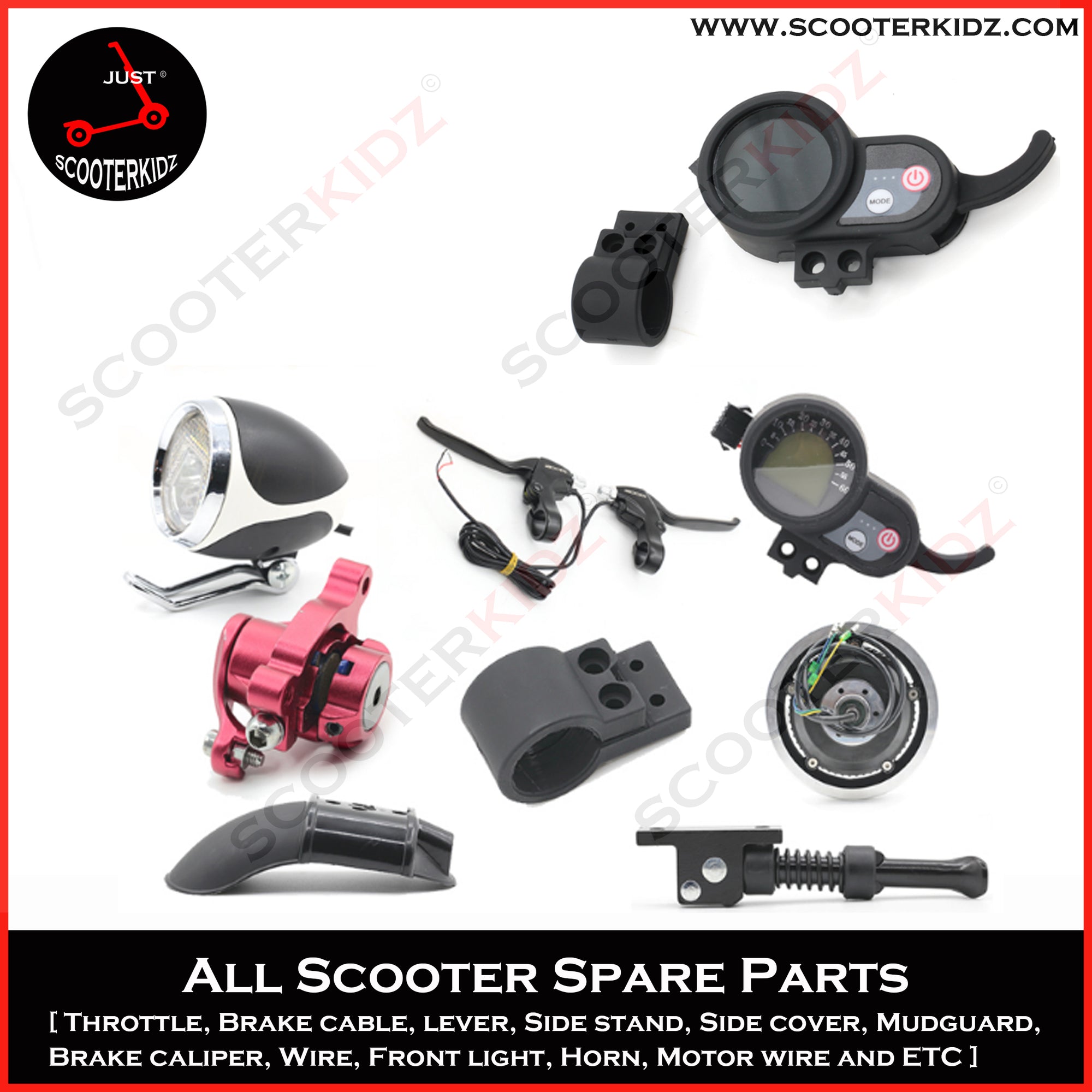 SPARE PART for Electric Scooter [ Throttle, Side stand, 6 wire. side guard, mudguard, charging port, cover rear light and etc ]